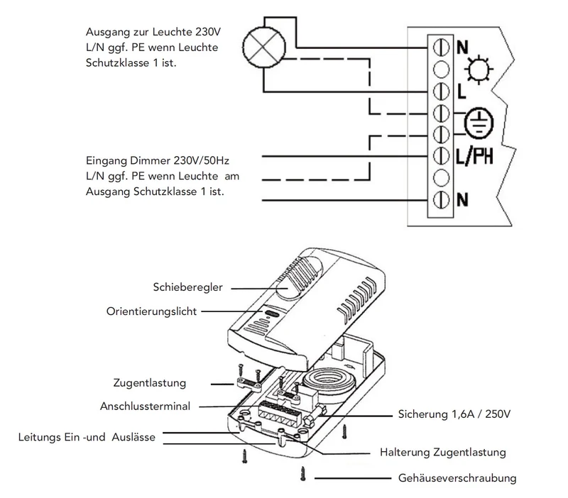 Trano Fußdimmer 230V für LED (3–100W) & Halogen (75–300W) | Phasenanschnitt | Dimmer mit 6-poligem Anschluss & Sicherung