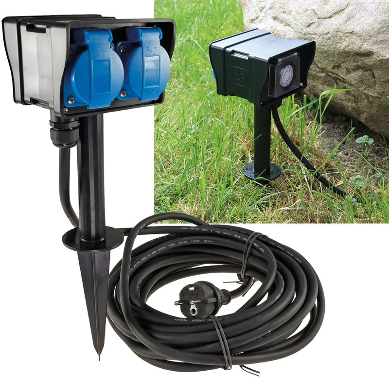 Trano Gartensteckdose mit Erdspieß, 2-fach IP44, 10m Gummikabel, Zeitschaltuhr, Outdoor Steckdose 230V, 3680W wetterfest