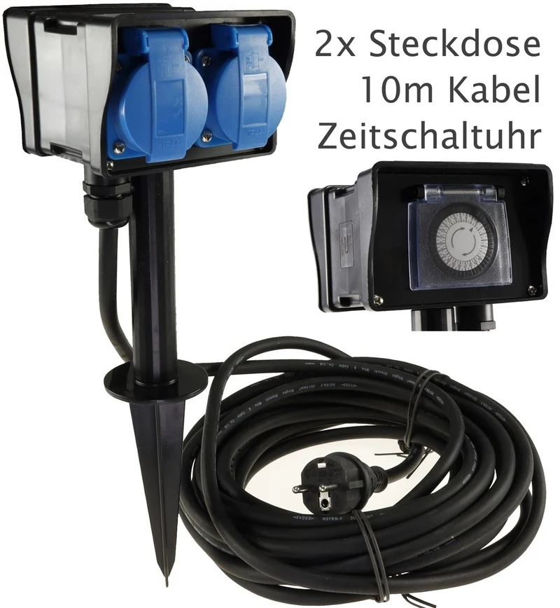 Trano Gartensteckdose mit Erdspieß, 2-fach IP44, 10m Gummikabel, Zeitschaltuhr, Outdoor Steckdose 230V, 3680W wetterfest
