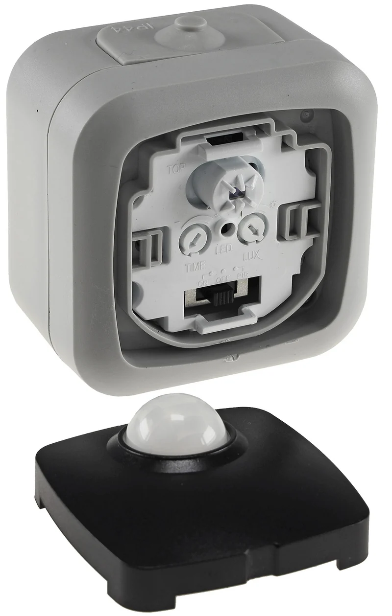 Trano Feuchtraum PIR Bewegungsmelder IP54, 250V~ 2-500W, 120°/6m, Dämmerungssensor 2-1000Lux, inkl. AP-Rahmen, grau