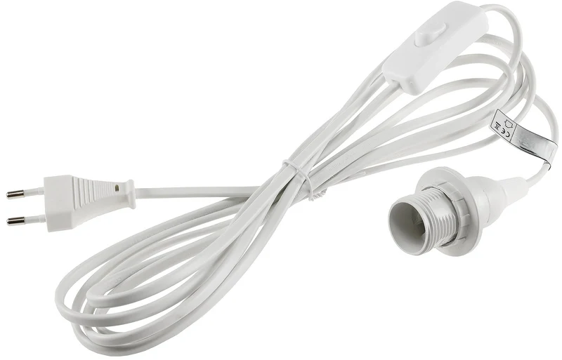 Netzkabel mit Schalter & E14 Fassung – 3,4m weiß – Lampenkabel für DIY Hängelampen, max. 100W, Ø28mm Einbau – 1,4m Stecker + 2m Kabel zur Fassung