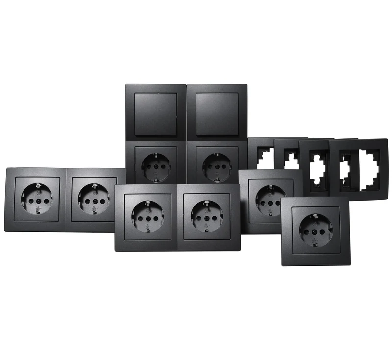Trano Schalter und Steckdosen Set Flair "Standard" 20-teilig Anthrazit - Unterputz, Steckdosen, Wechselschalter, Rahmen 1-fach & 2-fach, Schalterprogramm Design