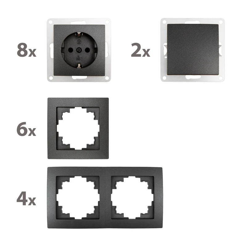 Trano Schalter und Steckdosen Set Flair "Standard" 20-teilig Anthrazit - Unterputz, Steckdosen, Wechselschalter, Rahmen 1-fach & 2-fach, Schalterprogramm Design