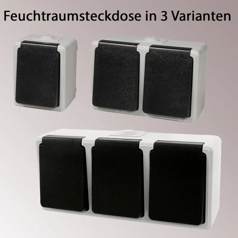 Trano Aufputz Feuchtraum Steckdose | IP44 Spritzwassergeschützt | 250V 16A | Grauschwarz | mit Einsteckschutz | Außenbereich, Keller, Garage