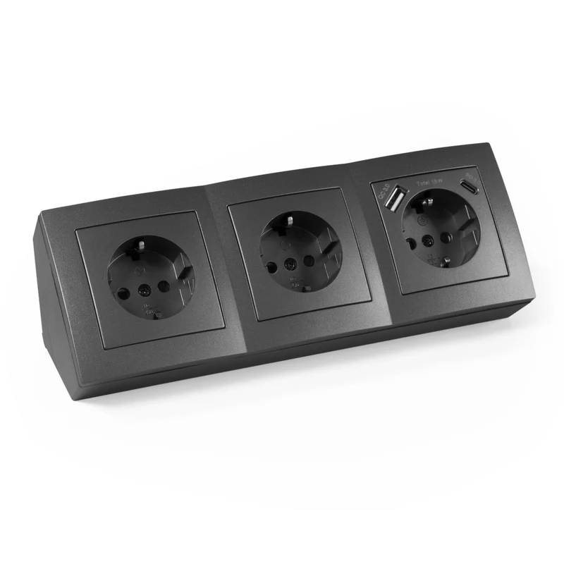 Trano Steckdosenblock Flair: 3-fach anthrazit mit USB-C (PD 18W) & USB-A