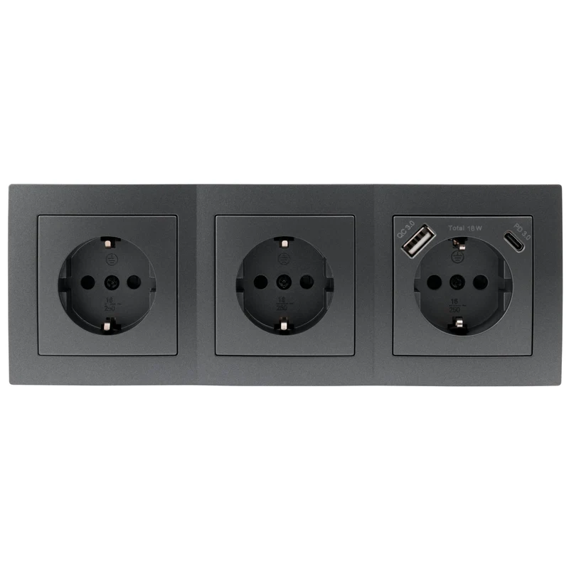 Trano Steckdosenblock Flair: 3-fach anthrazit mit USB-C (PD 18W) & USB-A