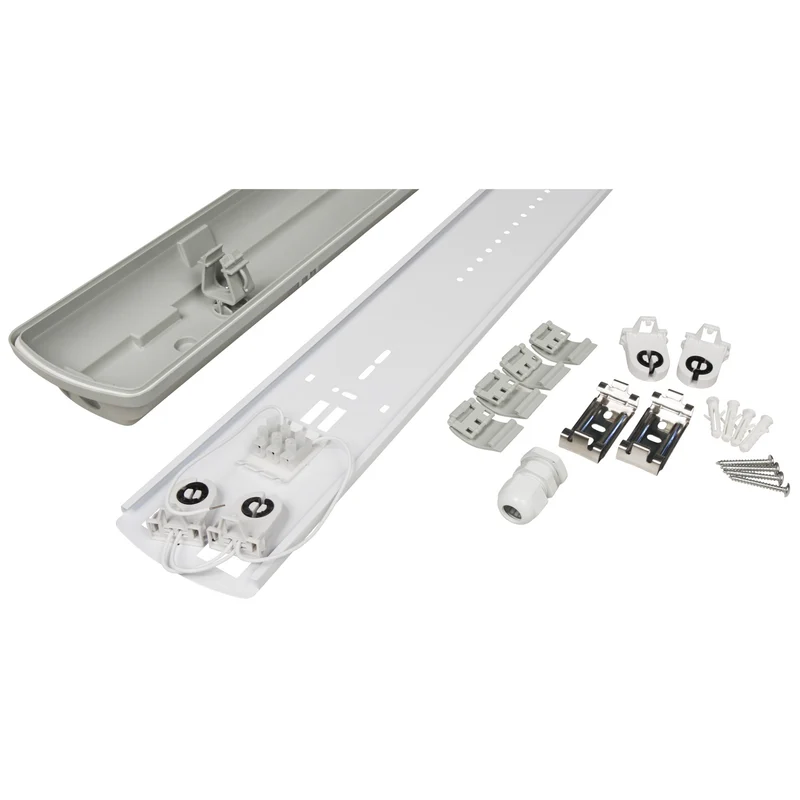 Trano Feuchtraumleuchte 150cm für 2 LED Röhren T8, IP65 Staub- & Strahlwasserschutz, Kellerlampe Werkstatt Garage Lagerhalle, robustes Kunststoffgehäuse, 230V, inkl. Montagematerial