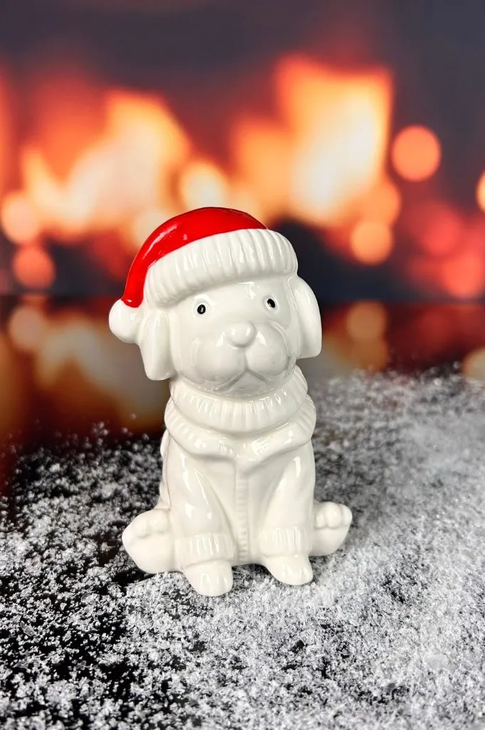 Deko Hund Rocky mit roter Mütze in Geschenkkarton