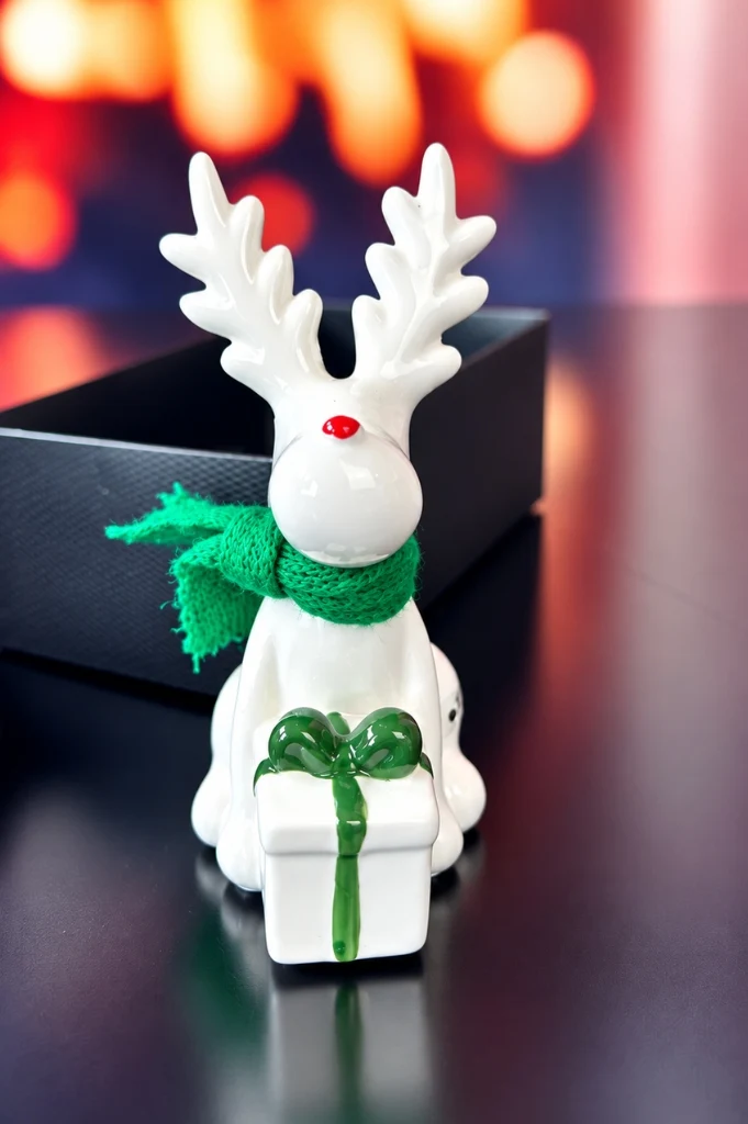 Deko Rentier Rudolph mit Geschenk grün in Geschenkbox
