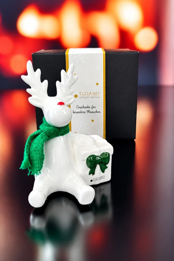 Deko Rentier Rudolph mit Geschenk grün in Geschenkbox