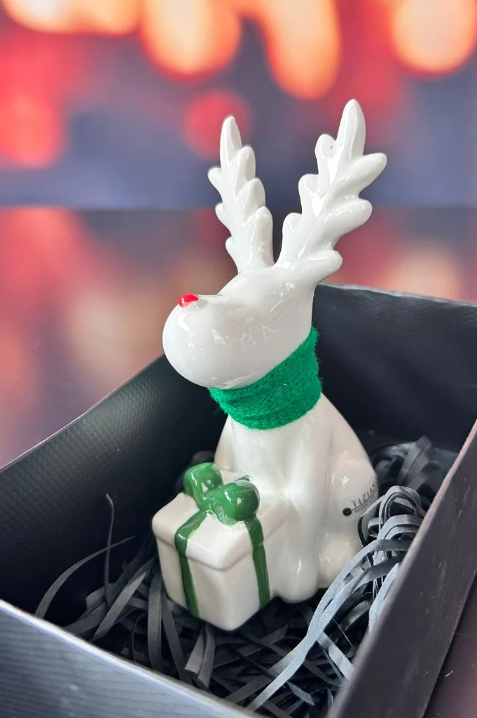 Deko Rentier Rudolph mit Geschenk grün in Geschenkbox
