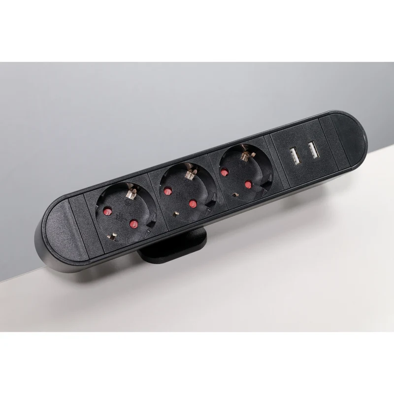 Trano Tischsteckdose mit Klemme, 3-fach Steckdosenleiste, 2x USB-A Ladebuchsen (2,1A), Schreibtisch Mehrfachsteckdose, 2m Kabel, Homeoffice Stromverteiler, max. 3600W, Schwarz