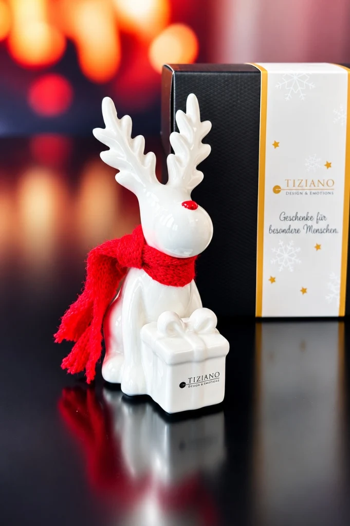 Deko Rentier Rudolph mit Geschenk im Geschenkkarton