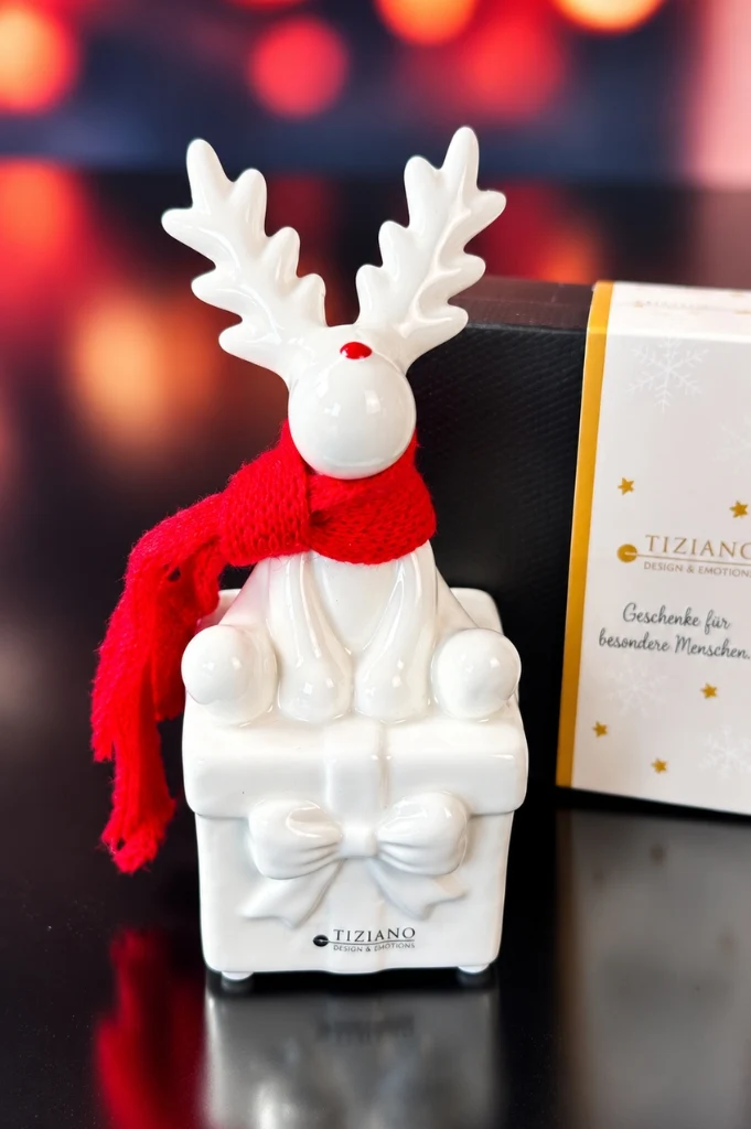 Deko Rentier Rudolph mit Geschenk im Geschenkkarton