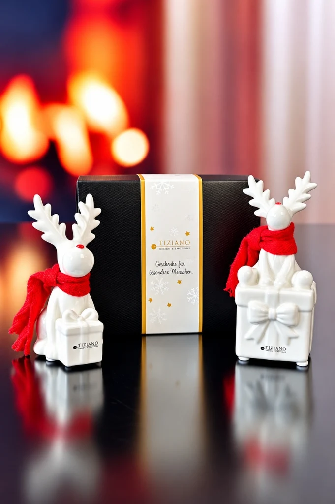 Deko Rentier Rudolph mit Geschenk im Geschenkkarton