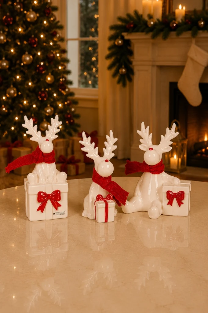 Deko Rentier Rudolph mit Geschenk rot im Geschenkkarton