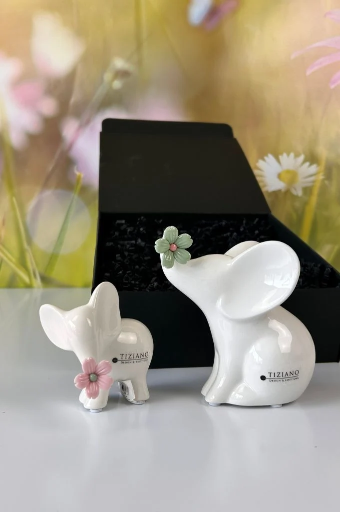 Geschenkbox Leon sitzend mit grüner Blume und stehend rosa