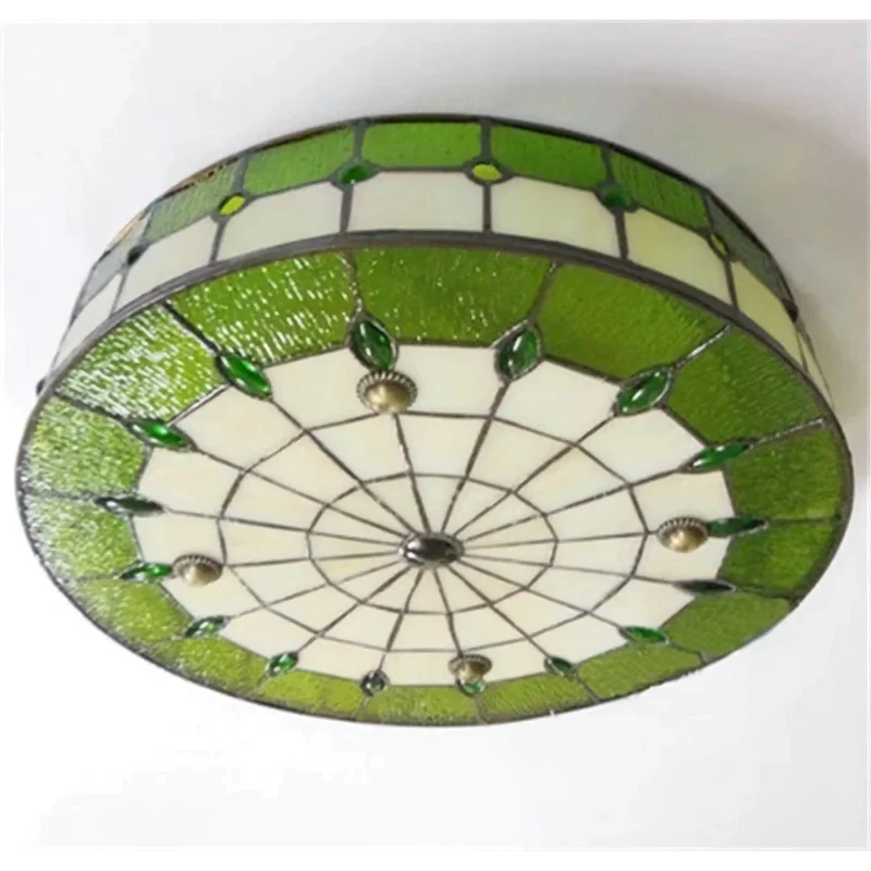 Green Tiffany-Style Ceiling Lamp | Stained-Glass Flush Mount | CLND044