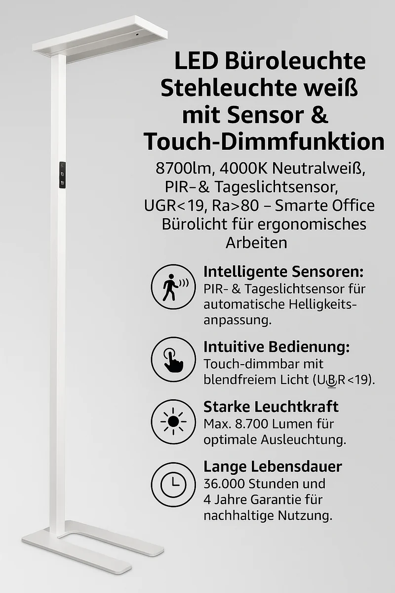LED-Stehleuchte Büroleuchte mit Touch Display, Neutralweiß, 60Watt, 8700lm, PIR & Tageslicht-Sensor