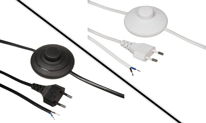 Euro-Netzkabel mit Fußschalter, 2m, Weiß/Schwarz, Blanken Enden, H03VVH2-F, 100W Max