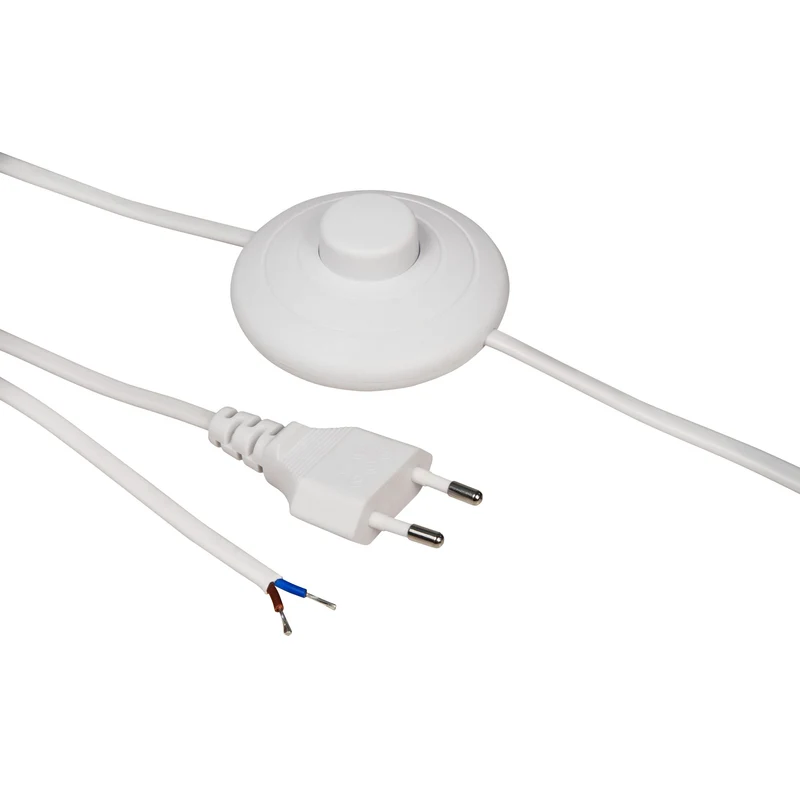 Euro-Netzkabel mit Fußschalter, 2m, Weiß/Schwarz, Blanken Enden, H03VVH2-F, 100W Max