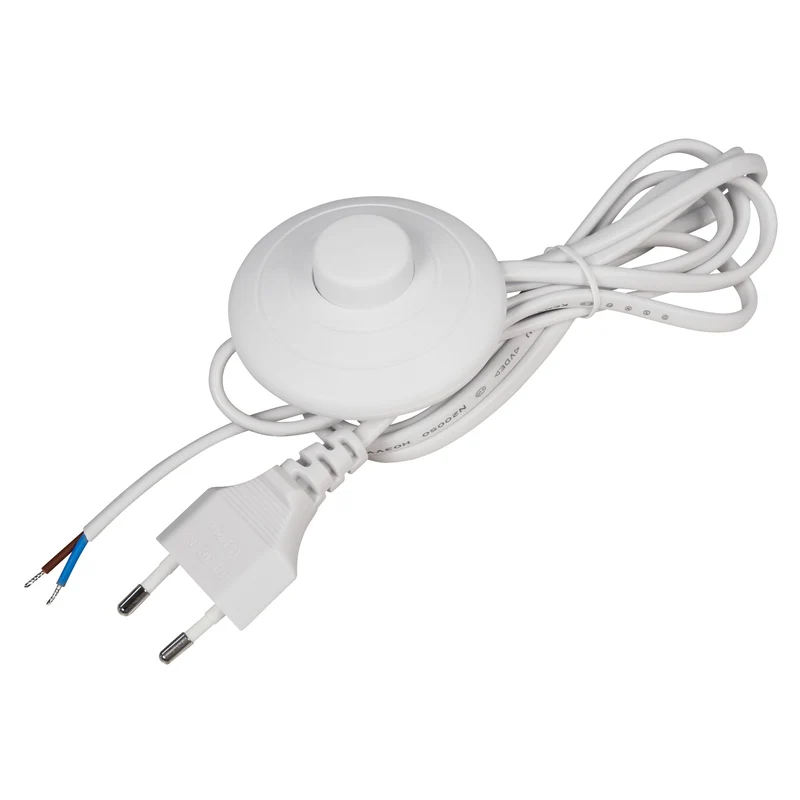 Euro-Netzkabel mit Fußschalter, 2m, Weiß/Schwarz, Blanken Enden, H03VVH2-F, 100W Max