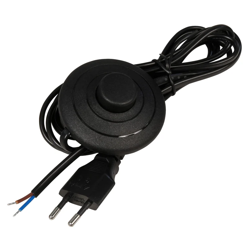 Euro-Netzkabel mit Fußschalter, 2m, Weiß/Schwarz, Blanken Enden, H03VVH2-F, 100W Max