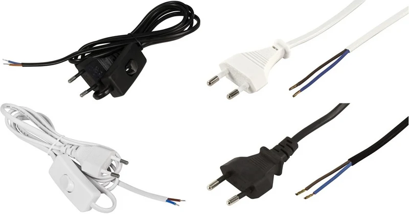 Euro-Netzkabel-Sammlung: Verschiedene Längen und Farben, mit und ohne Schnurschalter, blanken Enden, 2x0,75 mm²