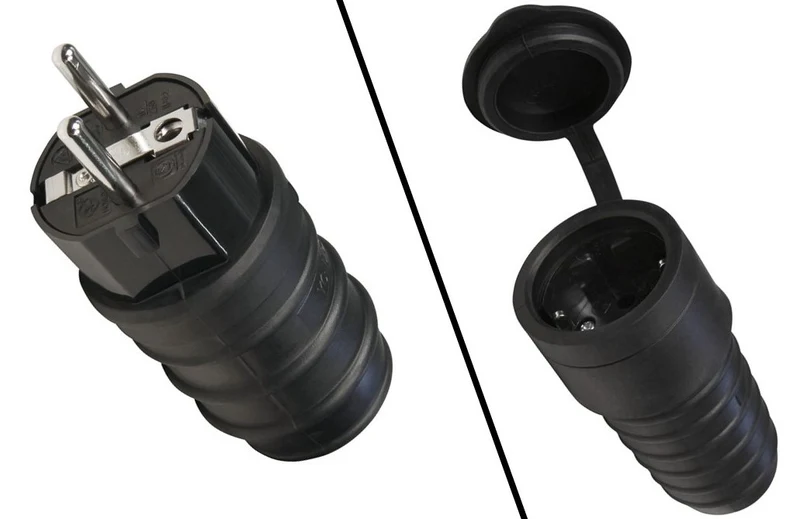 Robuster Gummi-Schutzkontaktstecker oder -Kupplung, Schwarz, Wiederanschließbar, DIN-Norm, 250V~