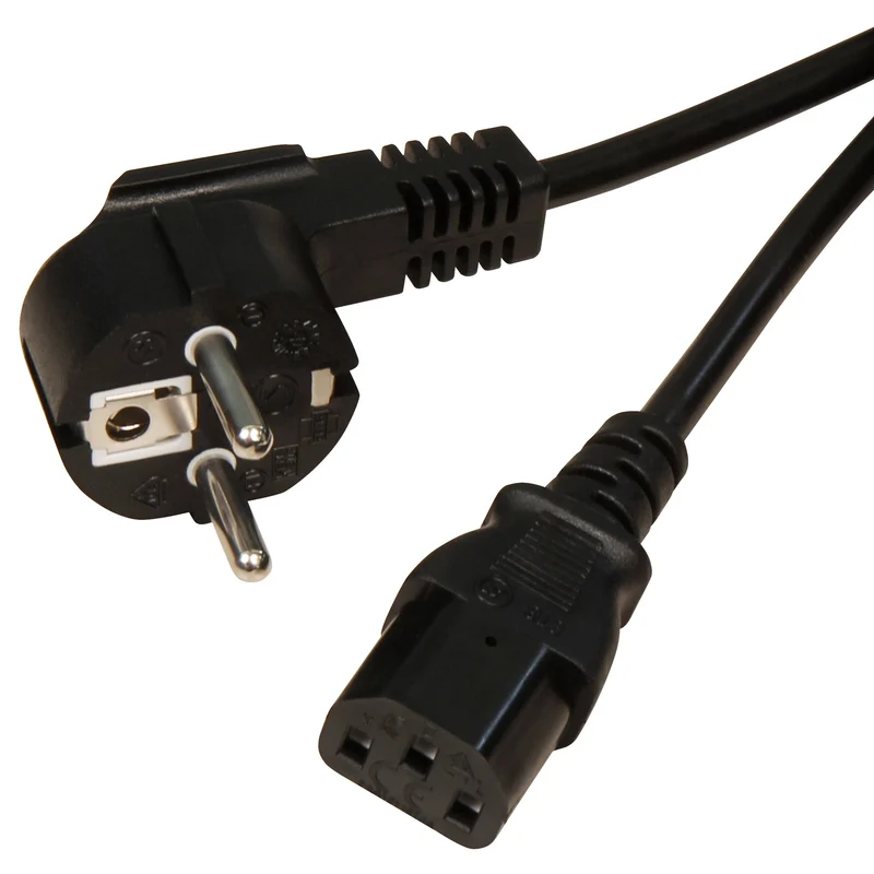 Kaltgeräte Anschlusskabel in Schwarz, 3 Varianten, abgewinkelter Schutzkontaktstecker, 250V Betriebsspannung, 10A max. Strombelastbarkeit
