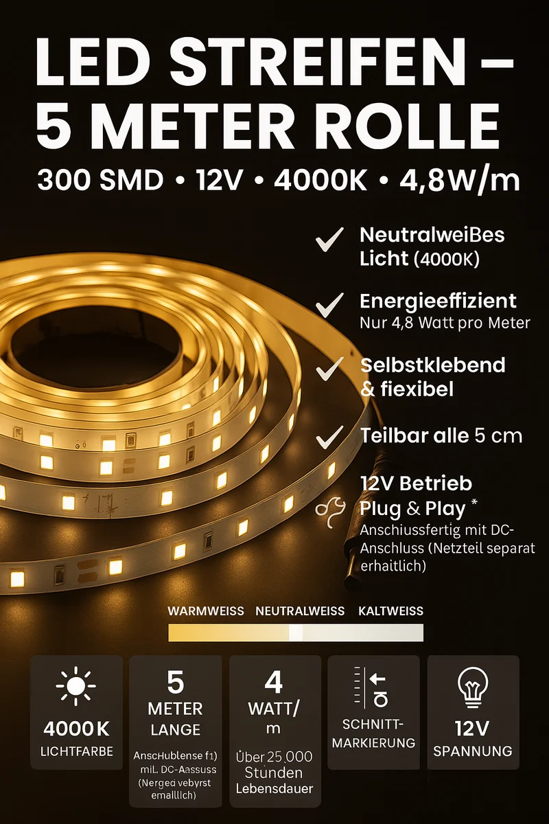 LED Streifen 300 SMD 12V 4000K 4,8W - 5 Meter Rolle