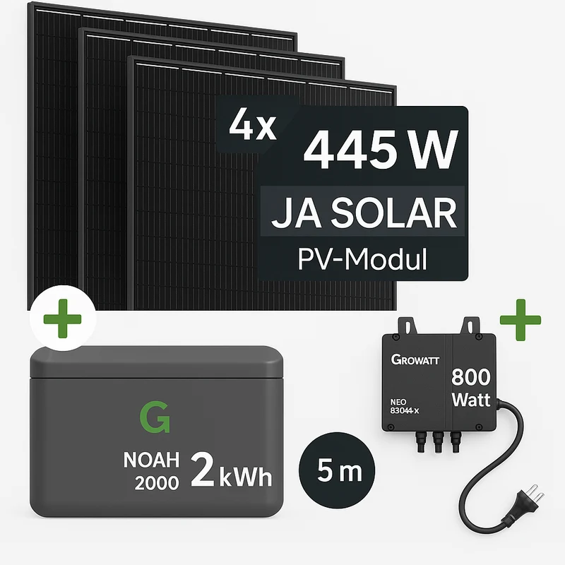 1780Wp Balkonkraftwerk 4x445W JA Solar Modul 2 kWh Speicher Wechselrichter 5m Kabel