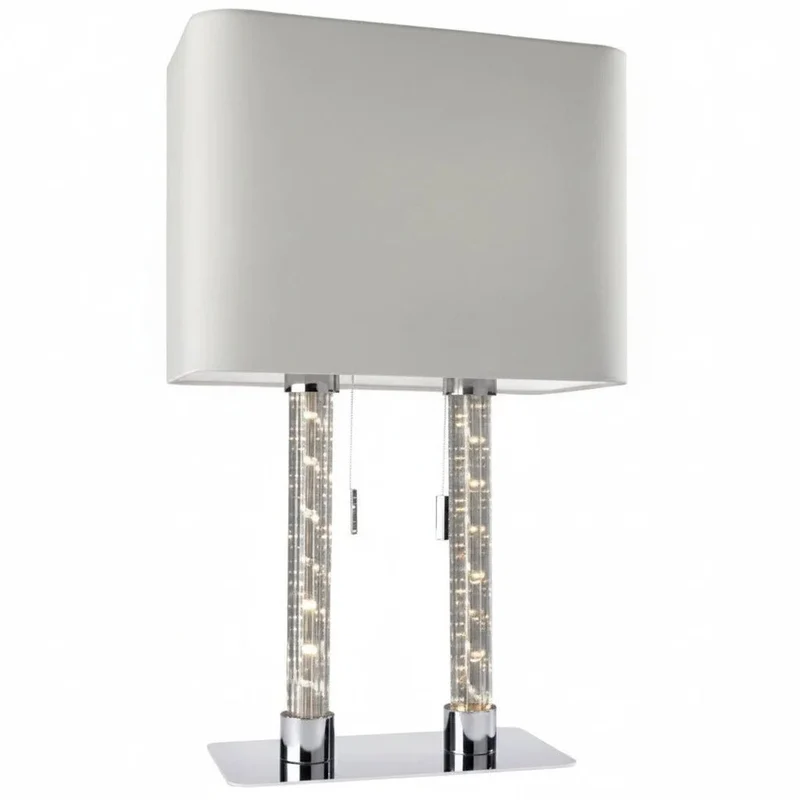 Sompex DOUBLE Tischleuchte – ovaler Stoffschirm hellgrau, LED-Lichtsäule im Glasfuß, 53 cm