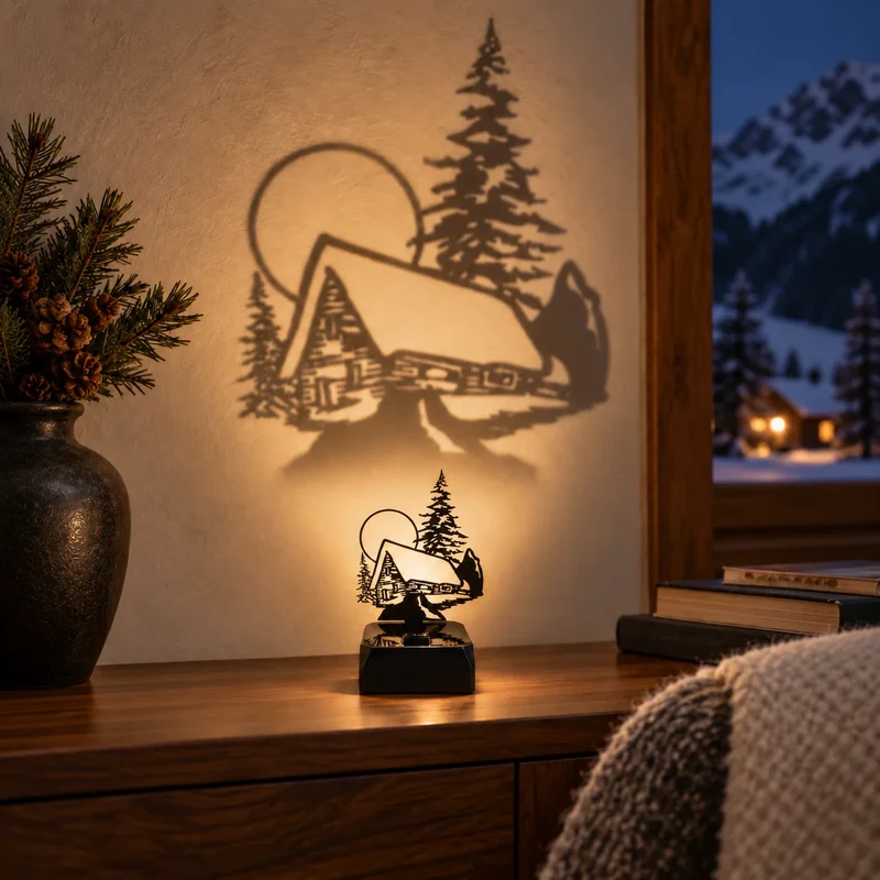 Sompex Shadow Winterlandschaft mit Hütte – LED-Schattenlampe mit Akku, dimmbar, 13 cm
