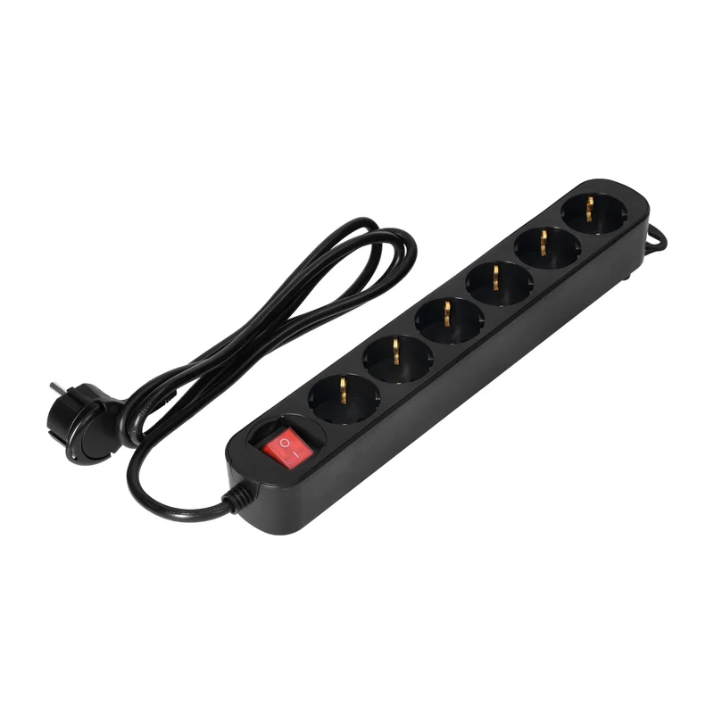 Steckdosenleiste 6-fach (Schuko) Schwarz, Flachstecker, Schalter, 10A