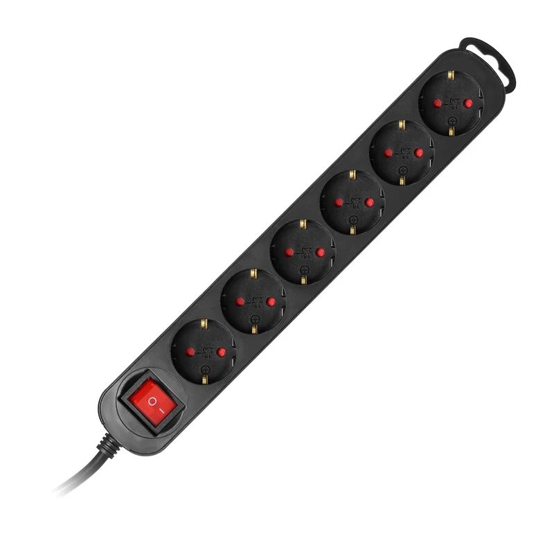 Steckdosenleiste 6-fach (Schuko) Schwarz, Flachstecker, Schalter, 10A