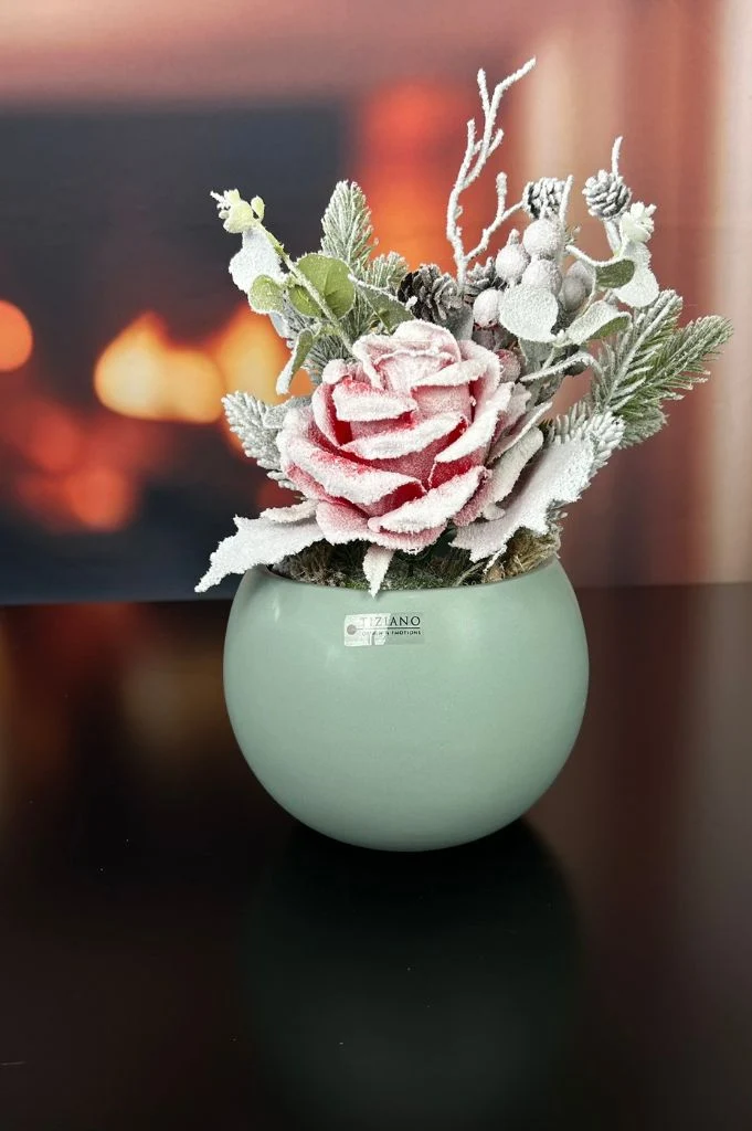 Deko Rose mit Tannenzweig im Jutesack 30cm rosa
