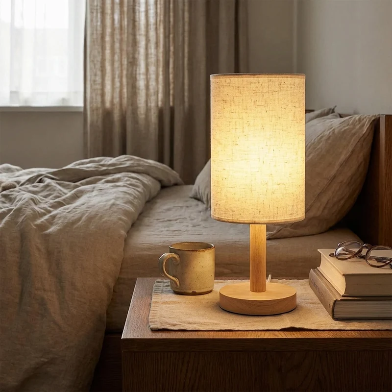 Japanisch inspirierte Tischlampe aus Stoff und Holz für Schlafzimmer und Hotel