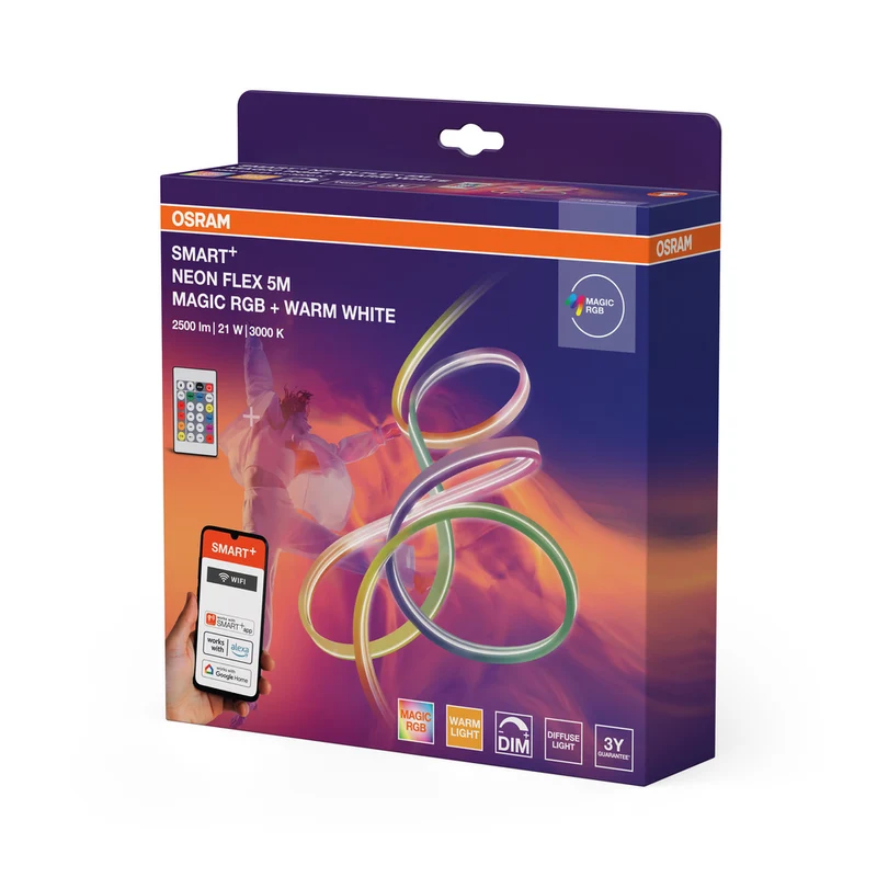 OSRAM Wifi SMART+ NEON FLEX MAGIC RGB + WARM WHITE LED-Lichtstreifen, 5m, 2500lm, 21W, 3000K, mit Fernbedienung