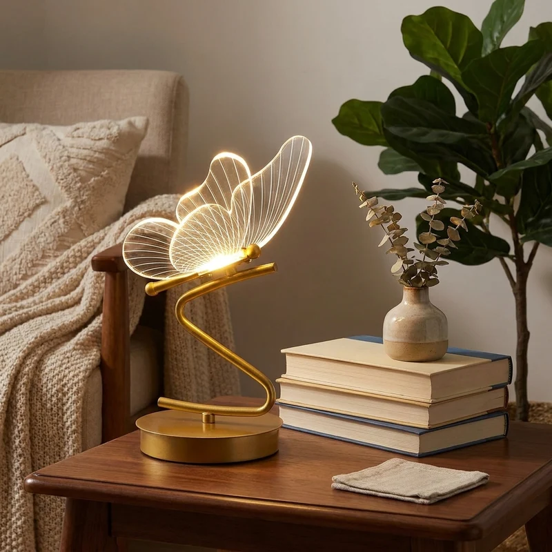 Nordische Schmetterling LED Tischlampe aus Metall und Acryl in Gold für Schminktisch