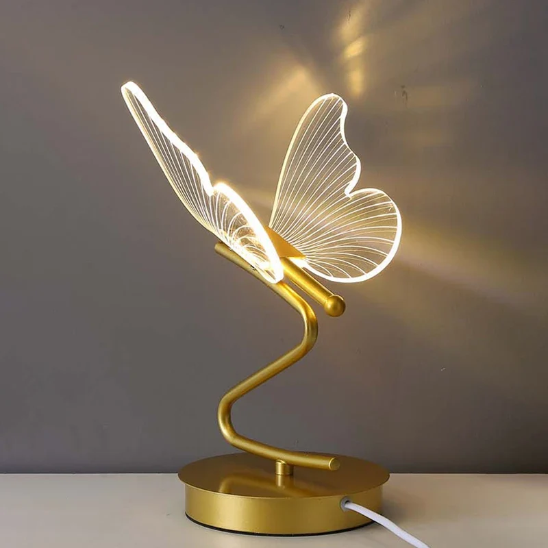 Nordische Schmetterling LED Tischlampe aus Metall und Acryl in Gold für Schminktisch