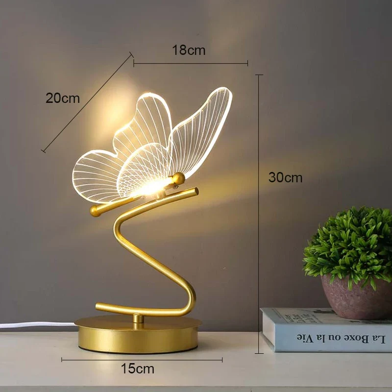 Nordische Schmetterling LED Tischlampe aus Metall und Acryl in Gold für Schminktisch
