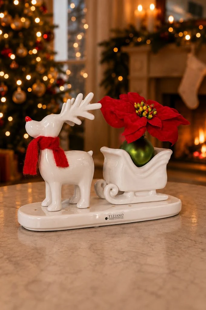 Deko Rentier Rudolph mit Schlitten auf Platte creme-weiß