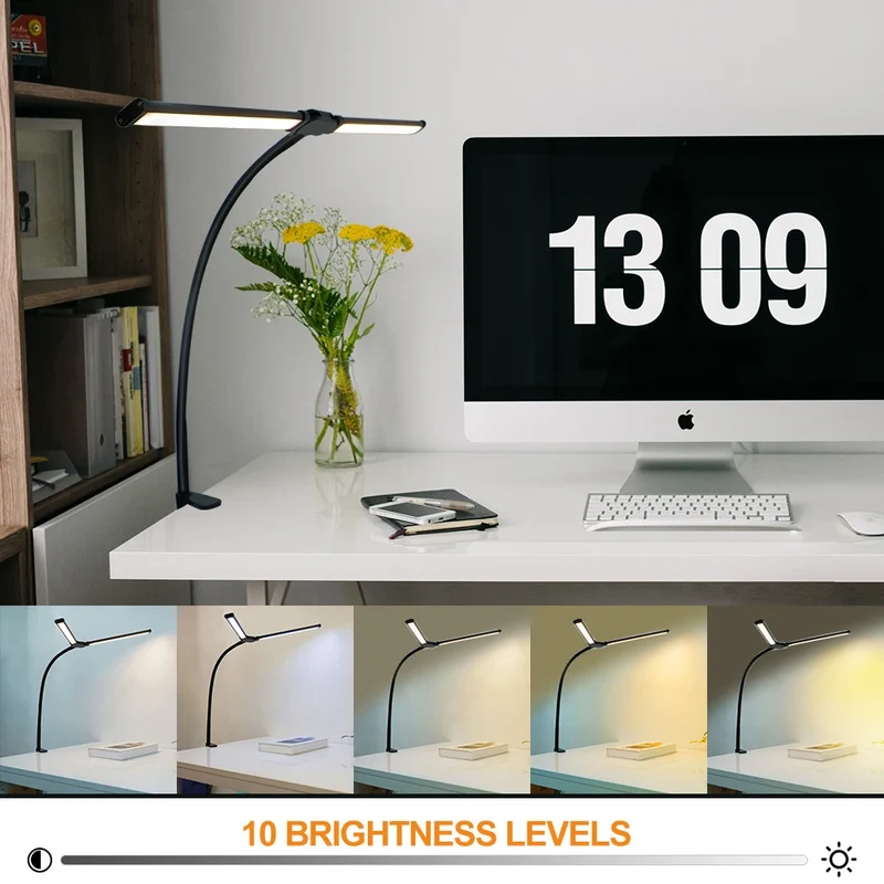 LED Schreibtischlampe mit Doppelkopf und Klemme für Homeoffice und Büro