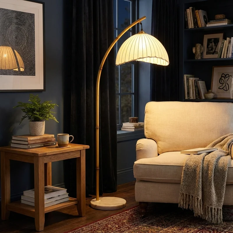 Handgefertigte Bambus Stehlampe im Boho-Stil für Wohnzimmer und Flur