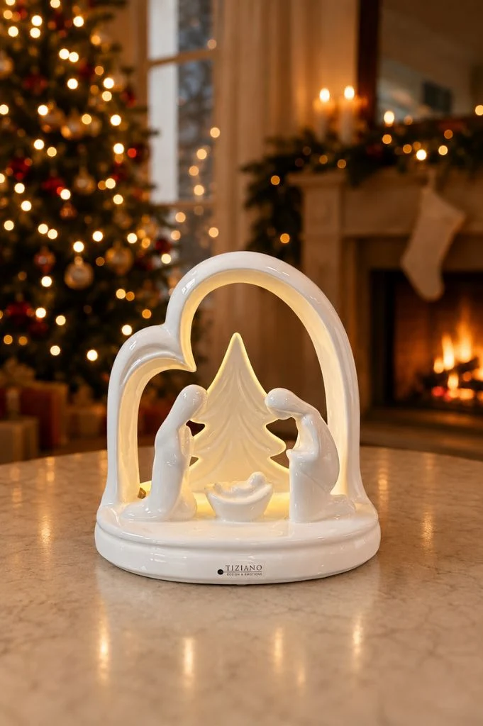 Deko Krippe Santo Natale LED 21cm ovel creme-weiß