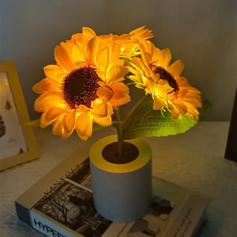 Sonnenblumen LED Tischlampe aufladbar für Schlafzimmer und Homeoffice Deko