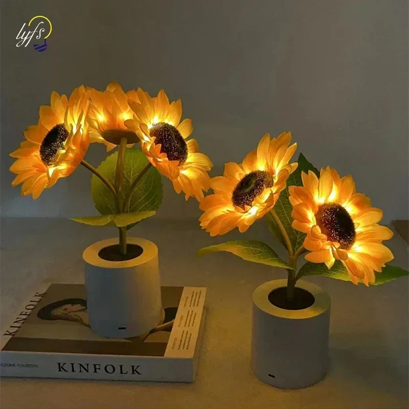 Sonnenblumen LED Tischlampe aufladbar für Schlafzimmer und Homeoffice Deko