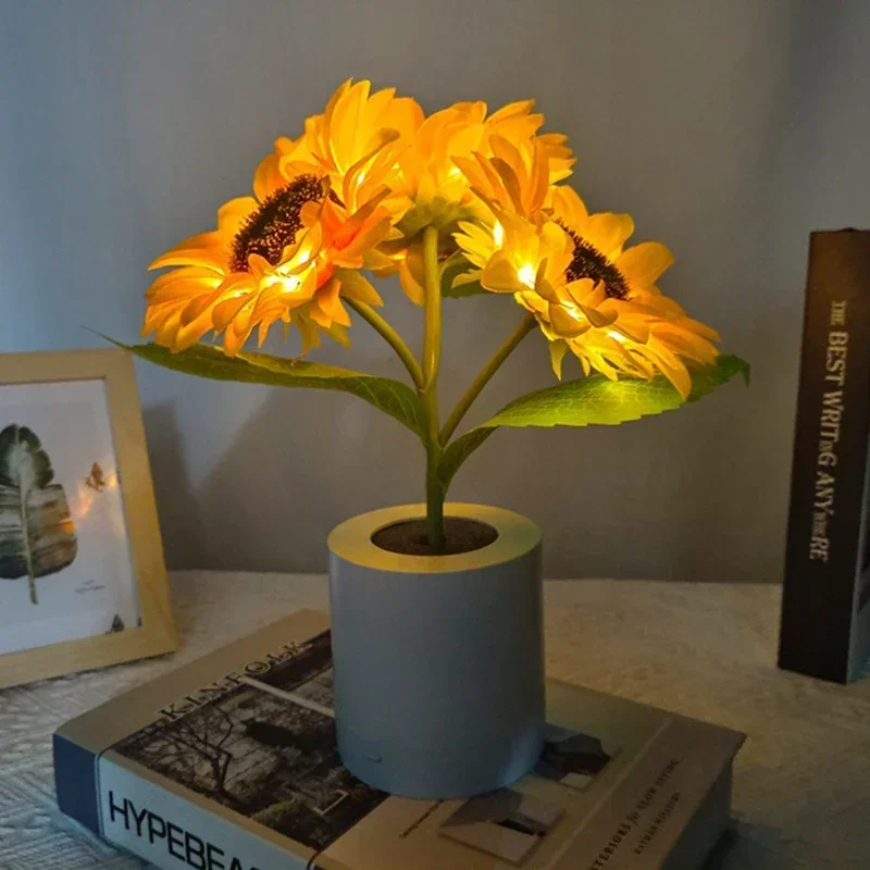 Sonnenblumen LED Tischlampe aufladbar für Schlafzimmer und Homeoffice Deko
