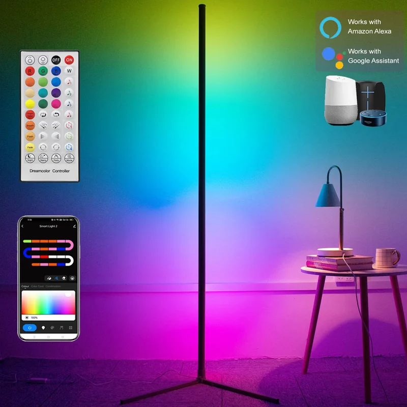 RGB Eck-Stehlampe mit Fernbedienung und Dimmfunktion für Wohnzimmer und Streaming